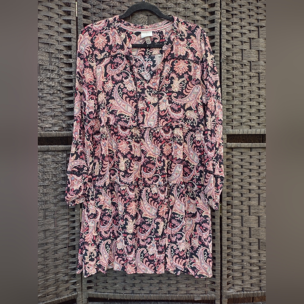 Knox Rose Women's XXL Tiered Floral Paisley Long Sleeve Mini Boho Dress